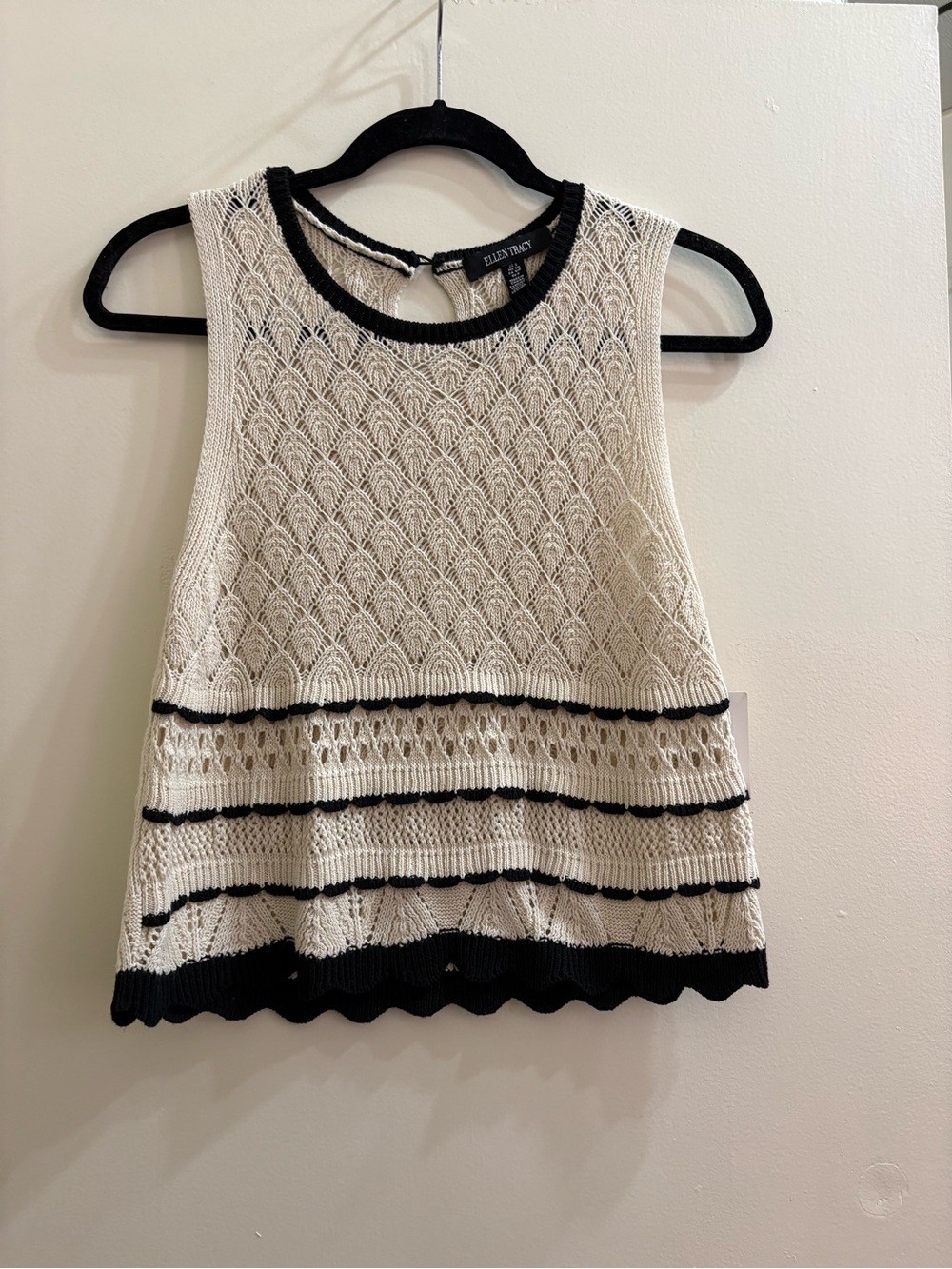 Ellen Tracy Cream Knit Shell with Black Rib Trim